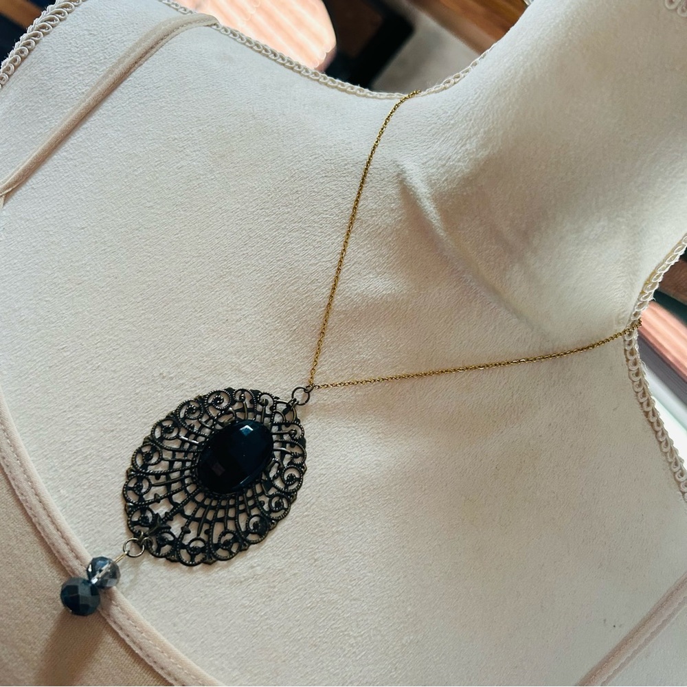 Handcrafted brass filigree faceted dome black glass crystal pendant on chain